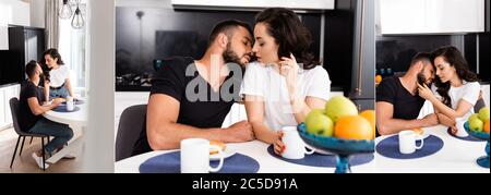 collage de la jeune femme et de son beau petit ami près des tasses et petit déjeuner savoureux Banque D'Images