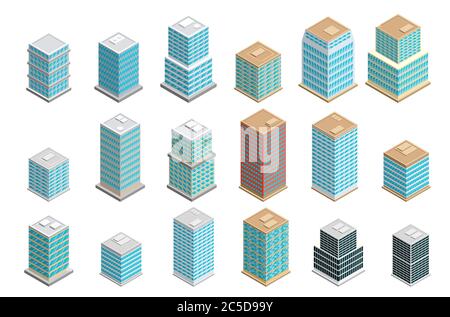 Illustration vectorielle de l'état moderne des bâtiments de bureaux d'art. Icônes de bâtiment de bureau isométrique. Ensemble urbain de construction de ville. Illustration de Vecteur