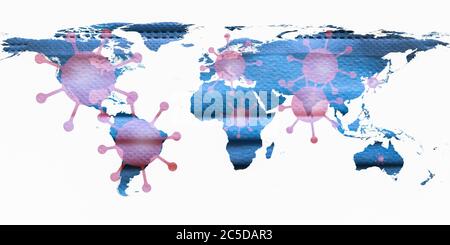 Illustration d'une carte du monde montrant les points chauds du virus corona aux États-Unis, au Brésil, en Inde, en Europe et en russie avec un masque de protection médicale Banque D'Images