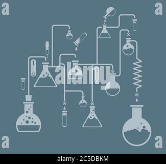 Modèle d'infographies de chimie montrant divers tests effectués dans des verrerie de laboratoire utilisant des solutions chimiques colorées et des réactions sur un gre Illustration de Vecteur