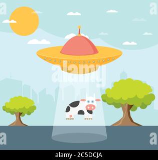 Vector Cartoon OVNI: Abduction de vache Illustration de Vecteur