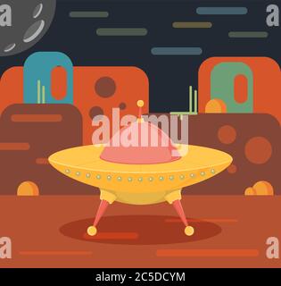 Nuit extra-terrestre paysage et vaisseau ovni Illustration de Vecteur