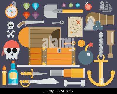 Collection d'icônes plates de symboles d'accessoires de pirate avec coffre en bois et illustration vectorielle abstraite de drapeau roger Illustration de Vecteur