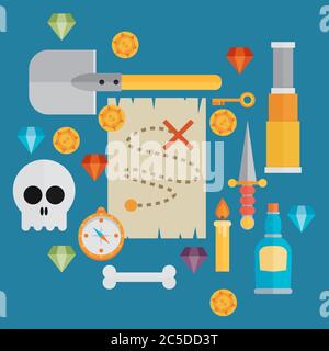 Collection d'icônes plates de symboles d'accessoires de pirate Illustration de Vecteur