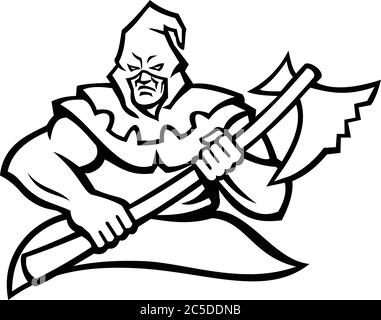 Mascotte noire et blanche, illustration d'un bourreau ou d'un bourreau médiéval ou absolutiste à capuche portant une hache vue de devant sur un backgroun isolé Illustration de Vecteur