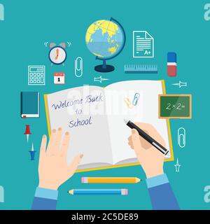 Retour à l'école style plat Vector Icon Set Livres crayons stylo et autres papeterie Illustration de Vecteur