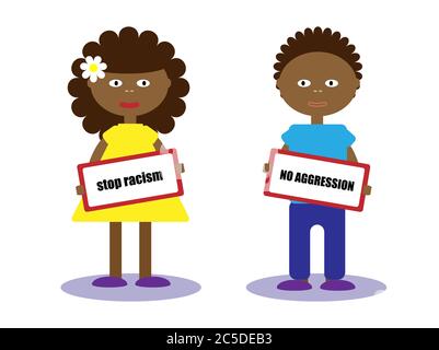 Fille et garçon tenant une placarde. Protestation contre le racisme et la discrimination à l'égard du peuple afro-américain. Arrêter le racisme. Illustration de Vecteur