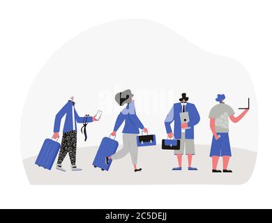 Concept BLeisure. Équilibre entre vie professionnelle et vie privée. Nomades numériques. Les femmes et les hommes qui vont à leur vol avec des bagages. Illustration de Vecteur