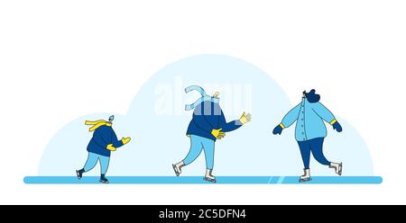Patineurs à glace. Les personnes de différents âges vêtues de vêtements chauds d'hiver patinent sur la patinoire. Week-end d'hiver en famille. Père, mère et fils ayant un toget amusant Illustration de Vecteur