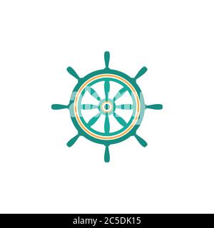 Blue fantaisie tête isolé sur blanc. Bateau et voile volant de signe. L'icône de contrôle de la roue de bateau. L'étiquette du gouvernail. Vector illustration télévision nautique. Illustration de Vecteur