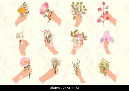 Grand ensemble de 12 mains sont tenant des bouquets avec des fleurs. Lilas, mimosa, sakura, pissenlit, feuille d'olive, branche avec feuilles vertes, pois doux, bulbe jaune, pivoine, iris. Illustration de Vecteur