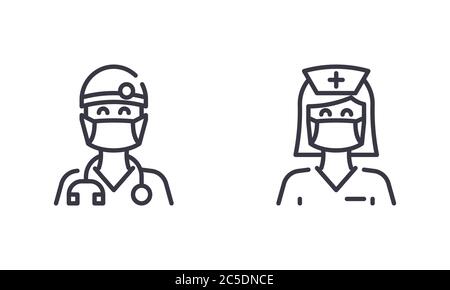 Infirmière féminine et médecin de sexe masculin portent un masque médical pour protéger le soi-même du coronavirus ou Covid-19. Contour Illustration vecteur. SPE 10. St modifiable Illustration de Vecteur