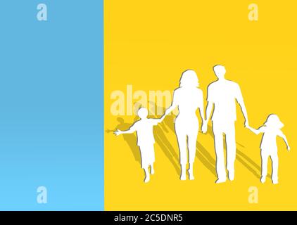 silhouettes blanches d'une famille tenant les mains sur un fond jaune-bleu avec une copie de l'espace. Banque D'Images