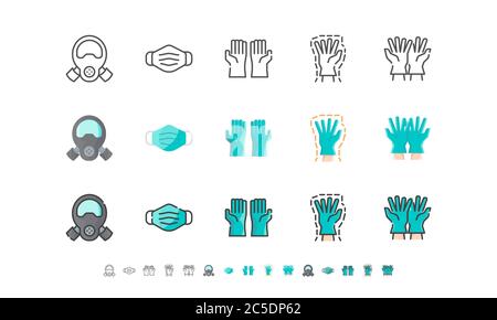 Masque chirurgical et gants médicaux. Covid-19, maladie du coronavirus 2019 prévention. Contour de ligne, plat, icônes remplies. Contour modifiable. Illustration vectorielle Illustration de Vecteur