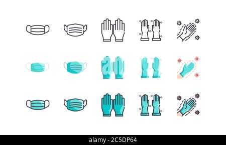 Masque chirurgical et gants médicaux. Covid-19, maladie du coronavirus 2019 prévention. Contour de ligne, plat, icônes remplies. Contour modifiable. Illustration vectorielle Illustration de Vecteur