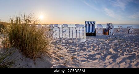 Chaises de plage à baldaquin près de Prerow (péninsule de Darß, Allemagne) dans la lumière du soir Banque D'Images
