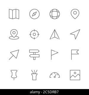 Ensemble simple d'icônes de ligne mince de vecteur lié au voyage. Contient des informations telles que carte, boussole, position, position, GPS, direction, étiquette, drapeau, broche, lumière, vitesse Illustration de Vecteur