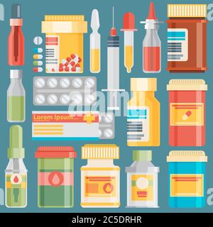 Collection de bouteilles de médicaments. Flacons de médicaments, comprimés, capsules et sprays. Illustration vectorielle Illustration de Vecteur