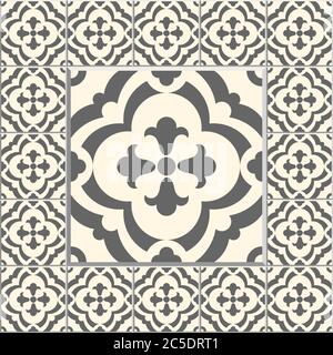 Carreaux de sol : motif vintage sans couture avec carreaux de ciment. Arrière-plan vectoriel transparent. Illustration vectorielle. Un grand carrelage au centre est encadré en petit t Illustration de Vecteur