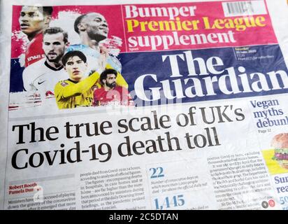 Titre du journal britannique Covid-19 Death Toll sur la page d'accueil du Guardian 20 juin 2020 Londres Angleterre Royaume-Uni Banque D'Images