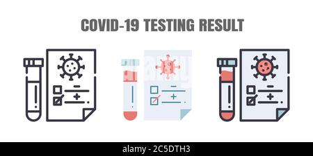 Le résultat des tests chez les patients Covid-19 est négatif ou Positve. Les traitements de l'infection à coronavirus 2019. Contour de ligne, plat, icônes remplies. E Illustration de Vecteur