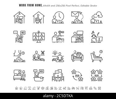 Simple ensemble de séjour et de travail à la maison dans coronavirus 2019 ou Covid-19 crise. Comme travailler dans le salon, la chambre, la salle de bains. Circuit intégré de contour de ligne mince Illustration de Vecteur