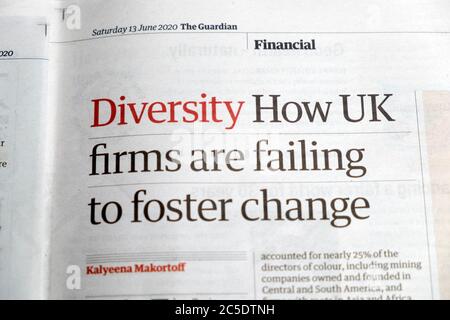 Article de la section financière du journal The Guardian « Diversity How UK Firms are omis to Foster change » 13 juin 2020 Londres Angleterre Royaume-Uni Banque D'Images