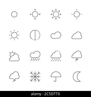 Ensemble simple d'icônes vectorielles minces liées aux prévisions météorologiques et climatiques. Contient comme pluvieux, ensoleillé, neigeux, nuageux, jour, nuit, chaud, froid, soleil, m Illustration de Vecteur