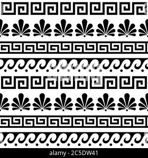 Ensemble de motifs vectoriels anciens sans couture grecs - décoration à motifs floraux et géométriques répétitifs, motif clé en noir et blanc Illustration de Vecteur