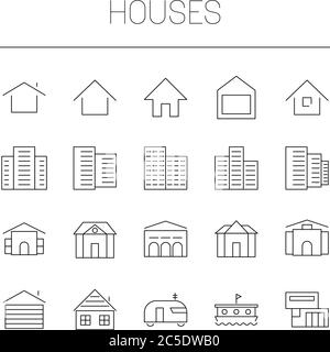 Thème du logement - maisons, demeures, immeubles d'appartements, chalets. Jeu d'icônes de vecteur simple à lignes fines. Illustration de Vecteur