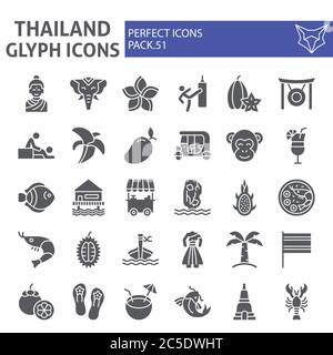 Thaïlande glyphe Icon set, collection de symboles thaïlandais, croquis vectoriels, illustrations de logo, l'asie signe ensemble de pictogrammes solides isolés sur blanc Illustration de Vecteur