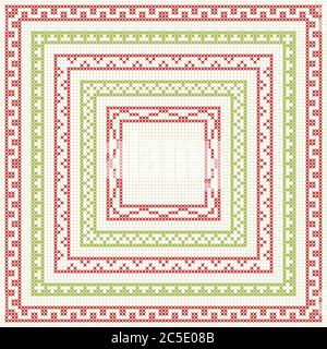 Ensemble de motifs de point de croix pour les bordures fines. Cadres géométriques pour une broderie à point de croix dans un style classique. Illustration vectorielle rouge et vert. Illustration de Vecteur