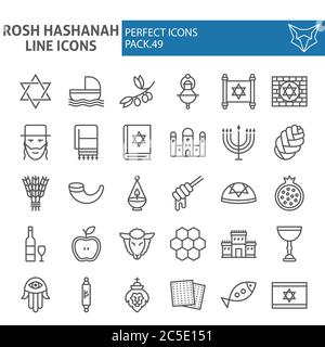 Ensemble d'icônes de ligne de Rosh Hashanah, collection de symboles de shana tova, croquis vectoriels, illustrations de logo, israël signe les pictogrammes linéaires paquet isolé Illustration de Vecteur