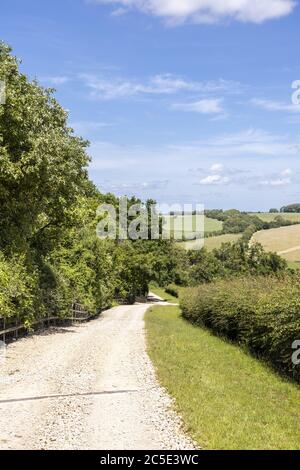 Campden Lane (une ancienne route de drovers) est maintenant une chaussée sur les collines Cotswold près du hameau de Farmcote, Gloucestershire Royaume-Uni Banque D'Images