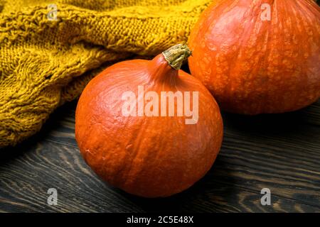 Vacances d'Halloween avec des citrouilles et des vêtements en laine à la maison Banque D'Images