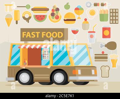 Style plat moderne vecteur d'illustration icônes ensemble de chariot plein de savoureux repas d'été, des boissons et des fruits. Isolé sur le backgro de couleur élégante Illustration de Vecteur