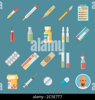 Ensemble d'icônes plates d'outils médicaux et d'équipements de soins de santé Illustration de Vecteur