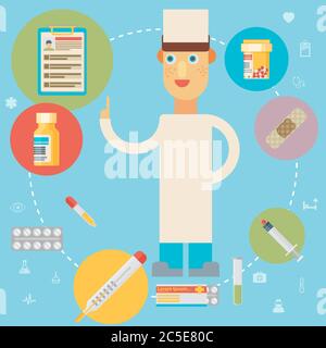 Illustration vectorielle de concept de médecine dans un style moderne et plat avec ensemble d'icônes et de médecin. Illustration de Vecteur
