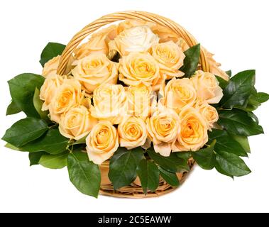 Roses jaunes naturelles dans un panier isolé sur fond blanc Banque D'Images