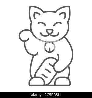 Maneki neko icône de ligne mince, asiatique et animal, le chat japonais signe, graphiques vectoriels, un motif linéaire sur un fond blanc. Illustration de Vecteur