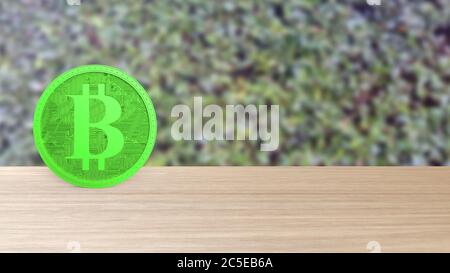 La pièce de monnaie en or noir et blanc verte isolée sur le flou laisse l'arrière-plan. Bit-coin 3d rendu isolé, crypto-monnaie, crypto, affaires, gestion, risque, argent, cas Banque D'Images