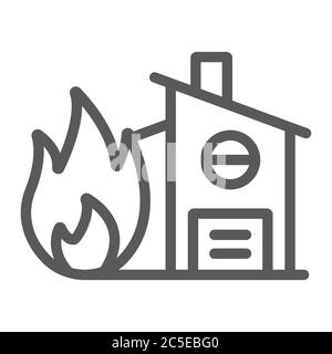 Icône de ligne d'assurance incendie, protection et maison, maison sur feu, graphique vectoriel, un motif linéaire sur fond blanc. Illustration de Vecteur