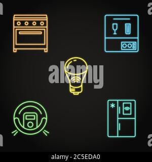 Jeu d'icônes d'automatisation des travaux ménagers au néon. Aspirateur intelligent, portée électrique, ampoule intelligente, symboles pour lave-vaisselle et réfrigérateur. Illustration vectorielle. Illustration de Vecteur