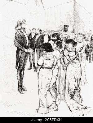 Oscar Wilde à une réception lors de sa tournée de conférences américaines de 1882. Oscar Fingal O'Dilly Wills Wilde, 1854 – 1900. Poète et dramaturge irlandais. Après une gravure d'un artiste inconnu dans le journal illustré de Frank Leslie, le 21 janvier 1882. Banque D'Images