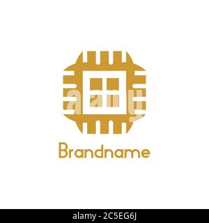 Logo de la maison Microchip, réparation électronique domestique, concept de conception créatif, simple et unique, isolé sur fond blanc. Illustration de Vecteur