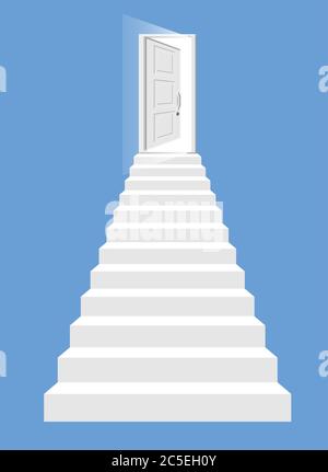 Escalier blanc et porte ouverte isolée. Vous vous y metez en place pour une entrée lumineuse. Concept de succès, réalisation, escalier au ciel. Symbole de motivation, de développement. Illustration vectorielle plate Illustration de Vecteur