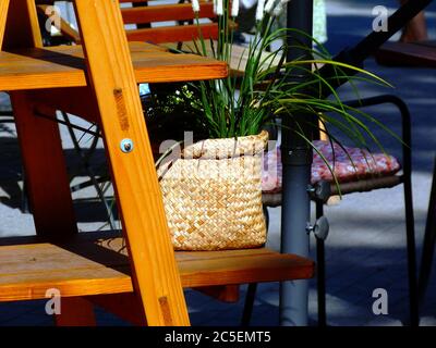 décoration sur terrasse avec étagère en bois et plante en pot verte. fond flou avec chaise en métal noir de style rétro. éléments décoratifs. Banque D'Images