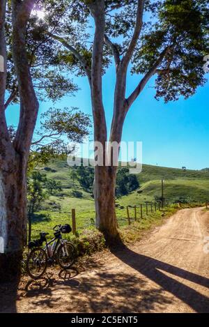 Vélo à l'ombre de deux grands arbres, sur une route de terre, municipalité de Carangola, état de Minas Gerais, Brésil Banque D'Images