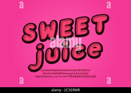 Police italique Sweet Juice en relief. Police de caractères à bulles de dessin animé, style rétro tridimensionnel. Majuscules et minuscules, chiffres, symboles. Vecteur Illustration de Vecteur