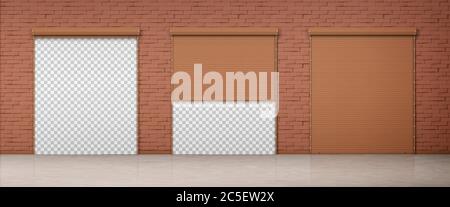 Porte avec volet roulant marron dans un mur de briques. Vector Realistic ensemble de rouleaux fermés et ouverts pour porte de garage ou d'entrepôt. Façade de bâtiment avec stores et arrière-plan transparent Illustration de Vecteur